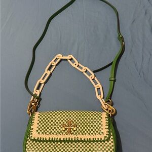 Tory Burch Basil Green Small Kira Woven Leather Convertible Shoulder
